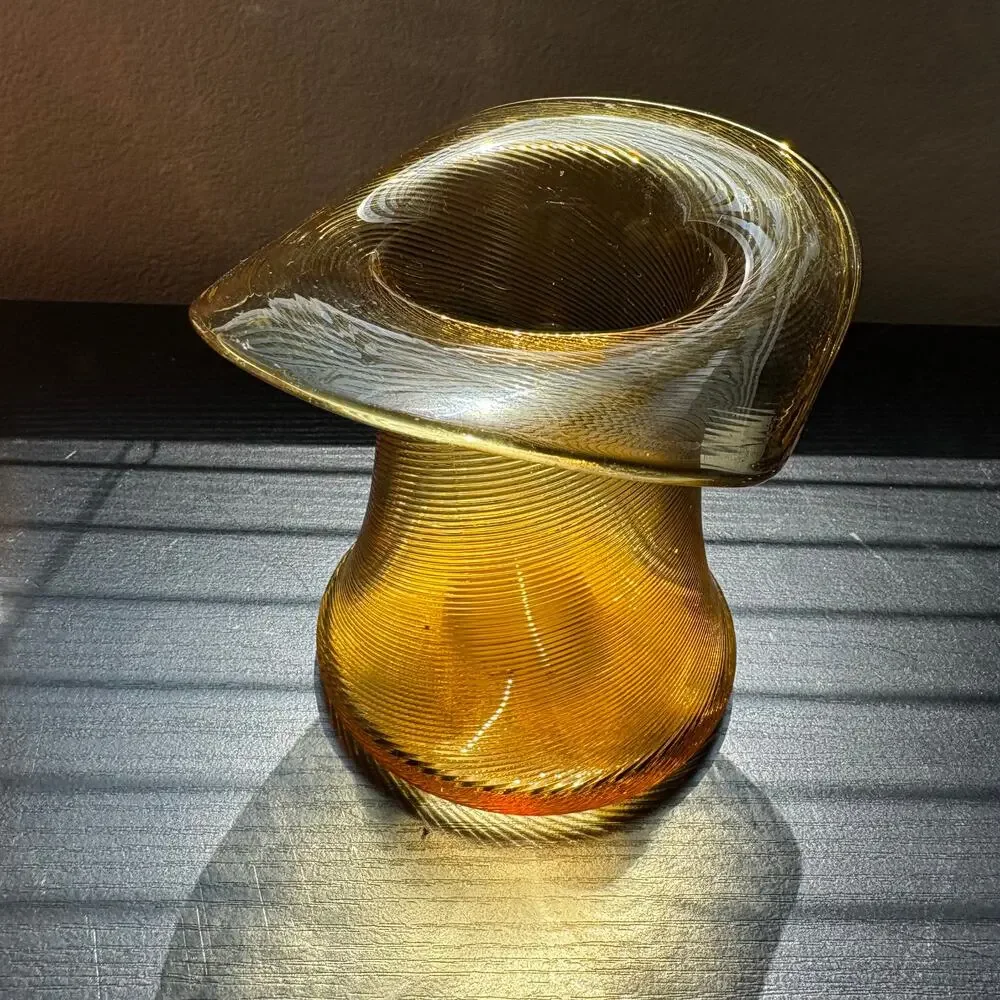 Vintage Amber Glass Hat Vase Hand Blown w/ Pontil Mark Spiral Pattern MCM Ribbed